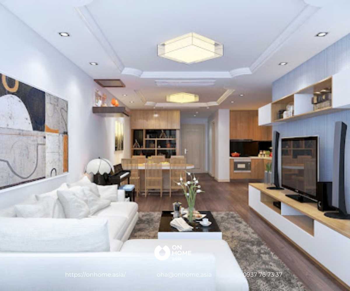 tran-thach-cao-nha-pho (8)Mẫu trần thạch cao phòng khách liền bếp đẹp