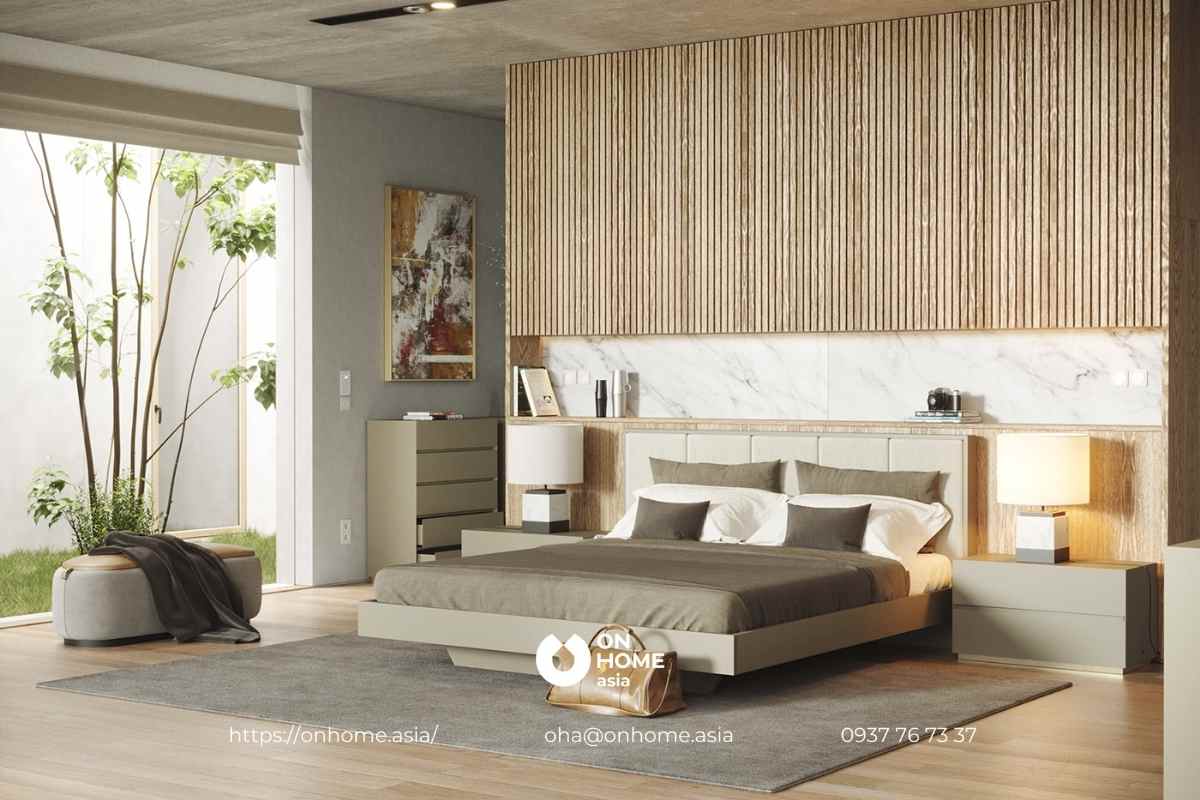 Trang trí đầu giường bằng gỗ công nghiệp