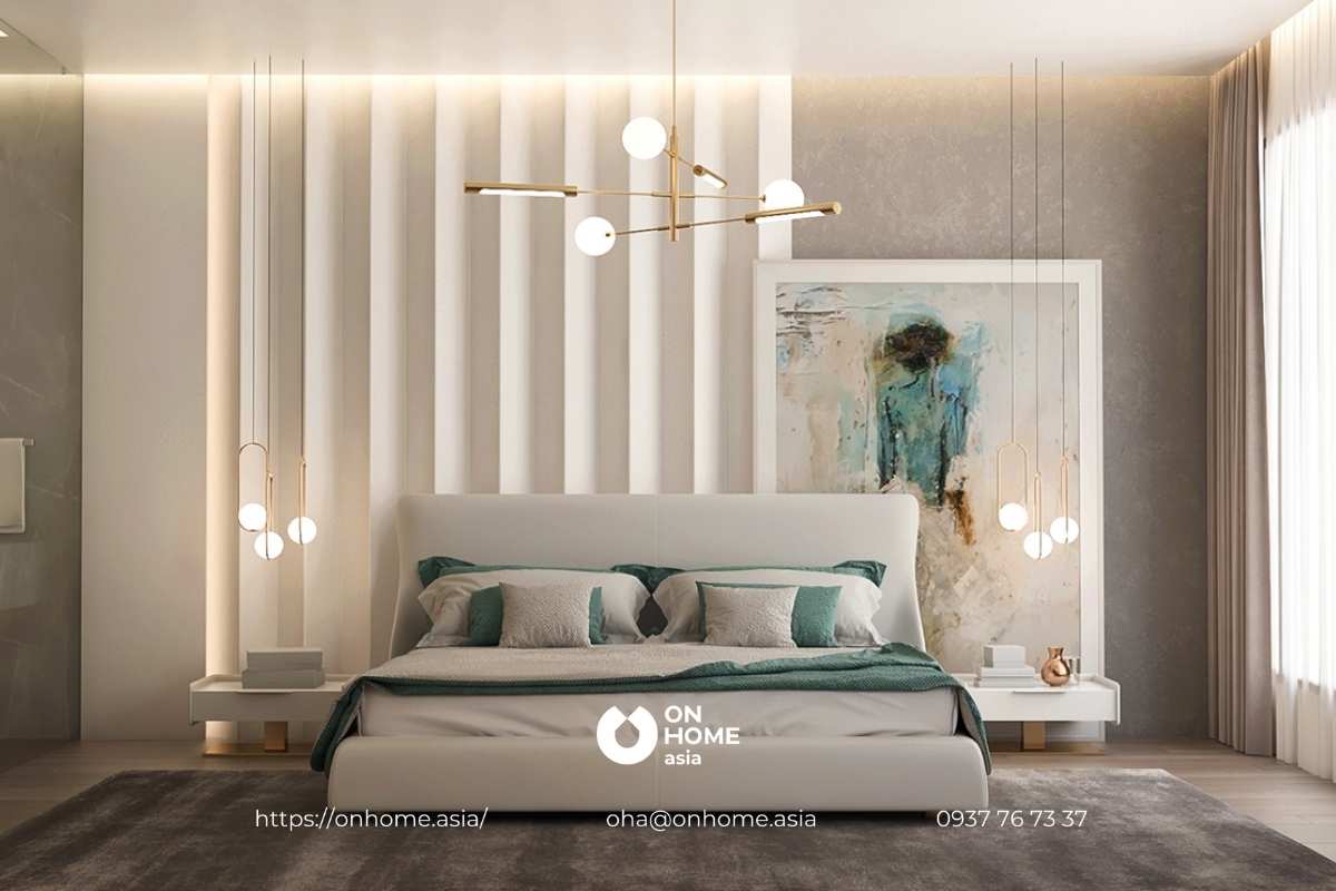 Tường đầu giường với đèn trang trí giúp không gian trở nên lung linh hơn