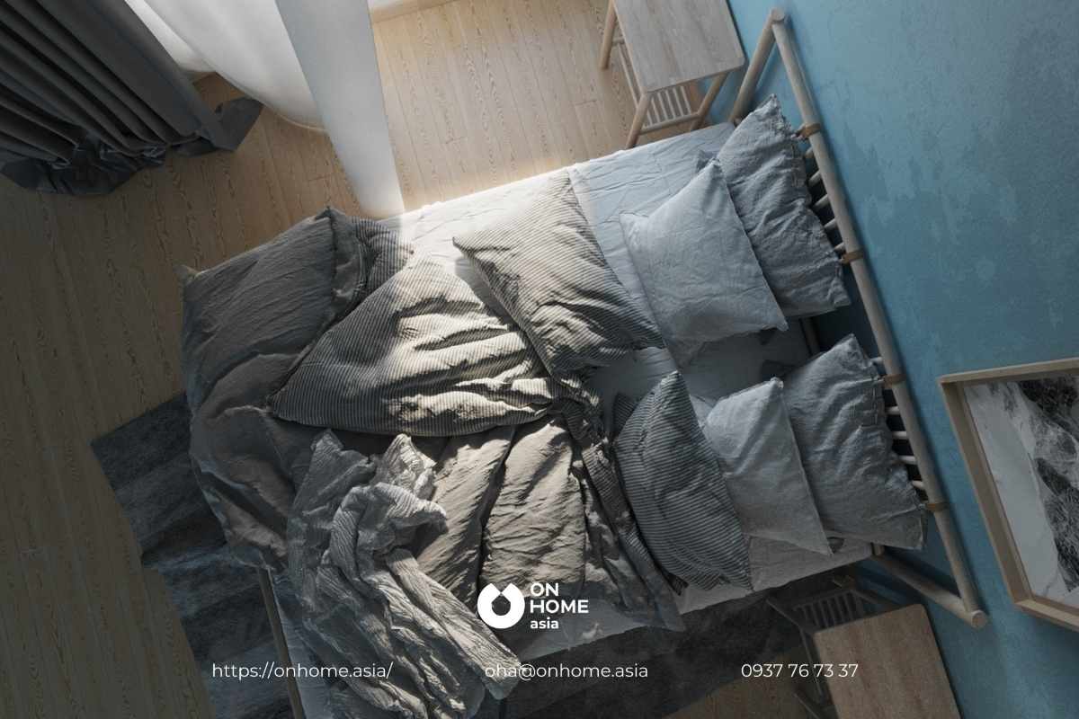 Nội thất phòng ngủ với màu xanh và đen chủ đạo