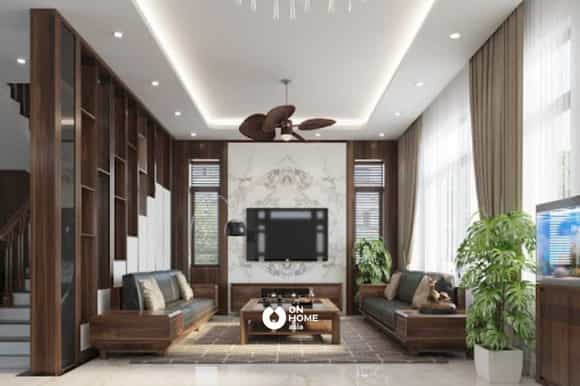Vách ngăn phòng khách và cầu thang bằng gỗ