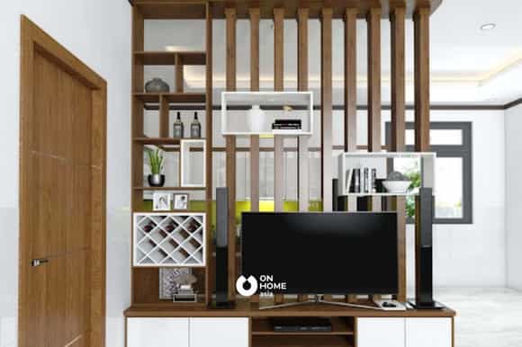 Tủ vách ngăn phòng khách bằng gỗ công nghiệp