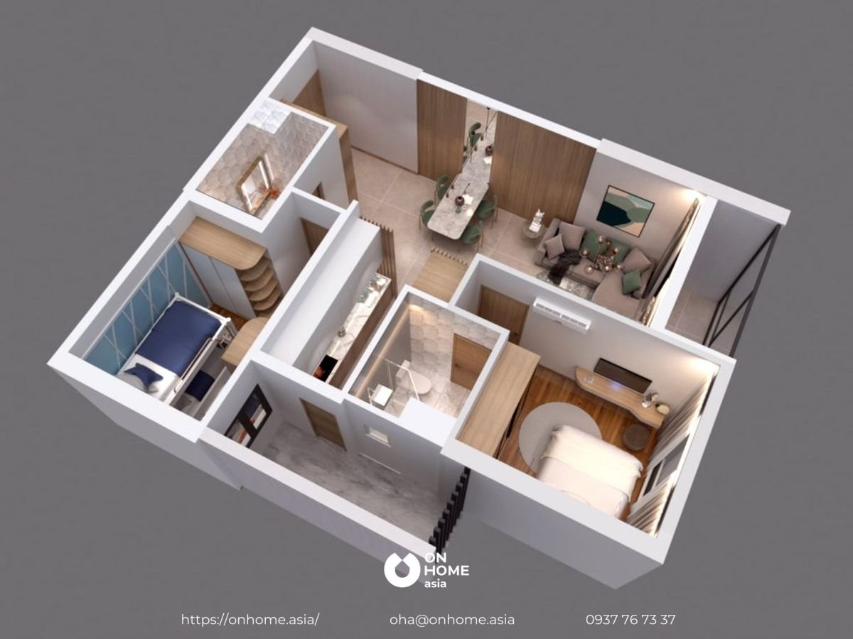 Phối 3D mẫu thiết kế nội thất căn hộ 2 phòng ngủ HT Pearl. (Nguồn: Sưu tầm)