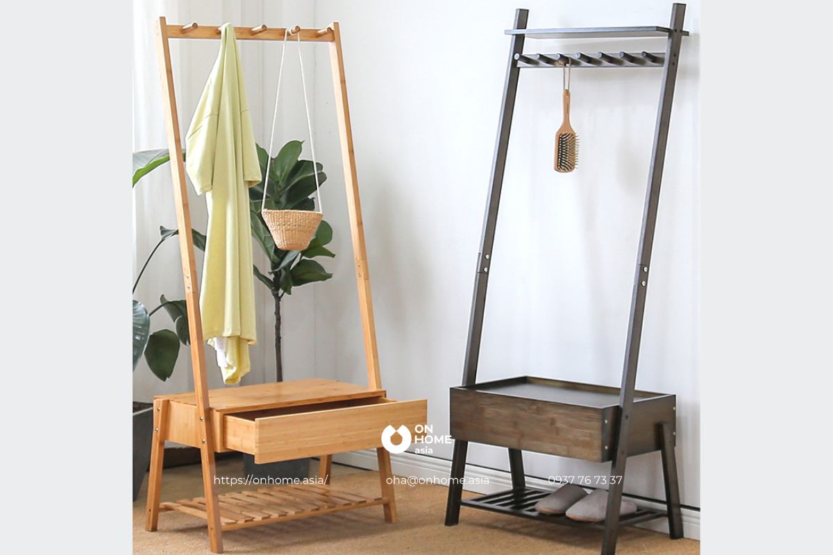 Giá treo quần áo gỗ có kệ lưu trữ và kệ để giày