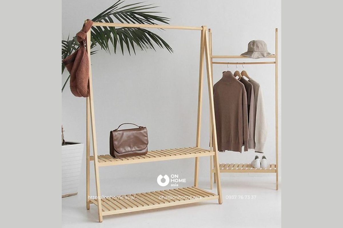Giá treo quần áo bằng gỗ 2 tầng thiết kế đơn giản