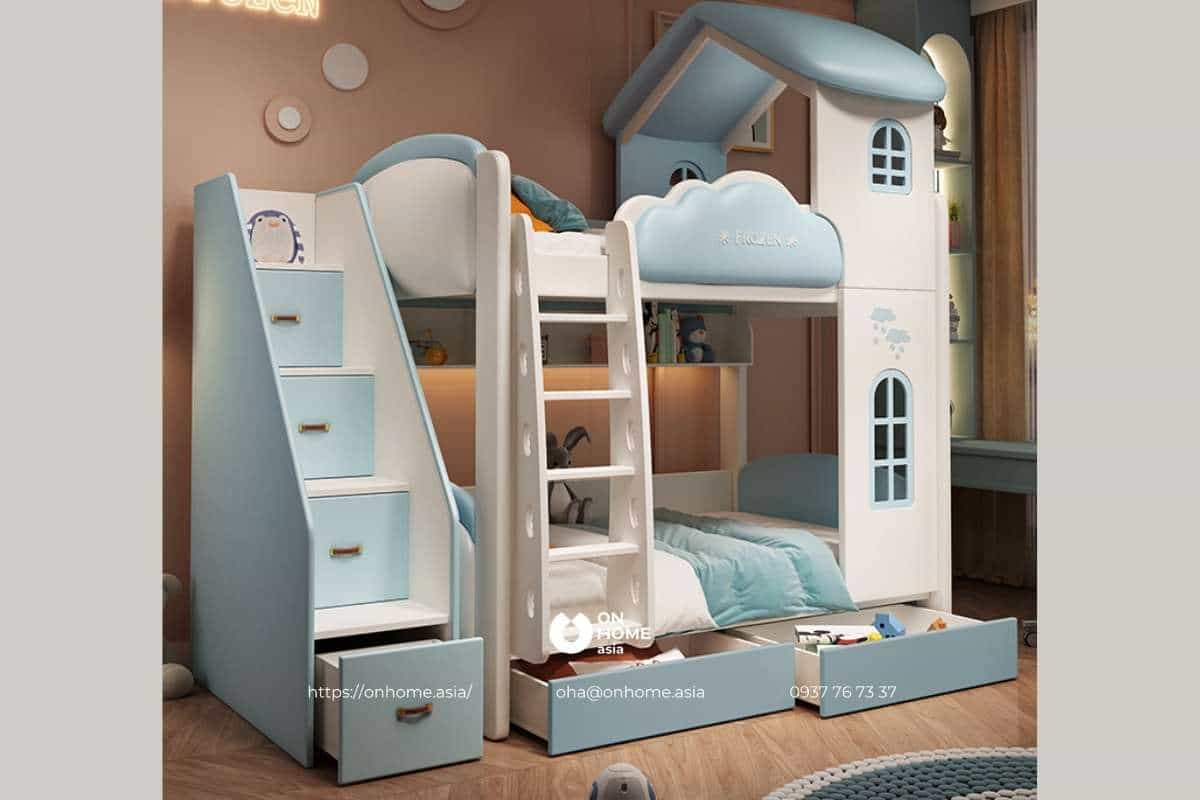 Giường tầng cho bé gái màu xanh đẹp