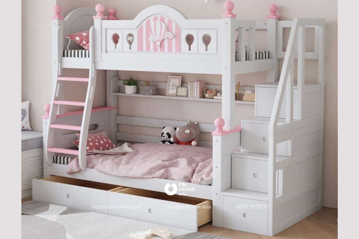 Giường tầng thông minh có nhiều ngăn kéo cho bé gái màu trắng