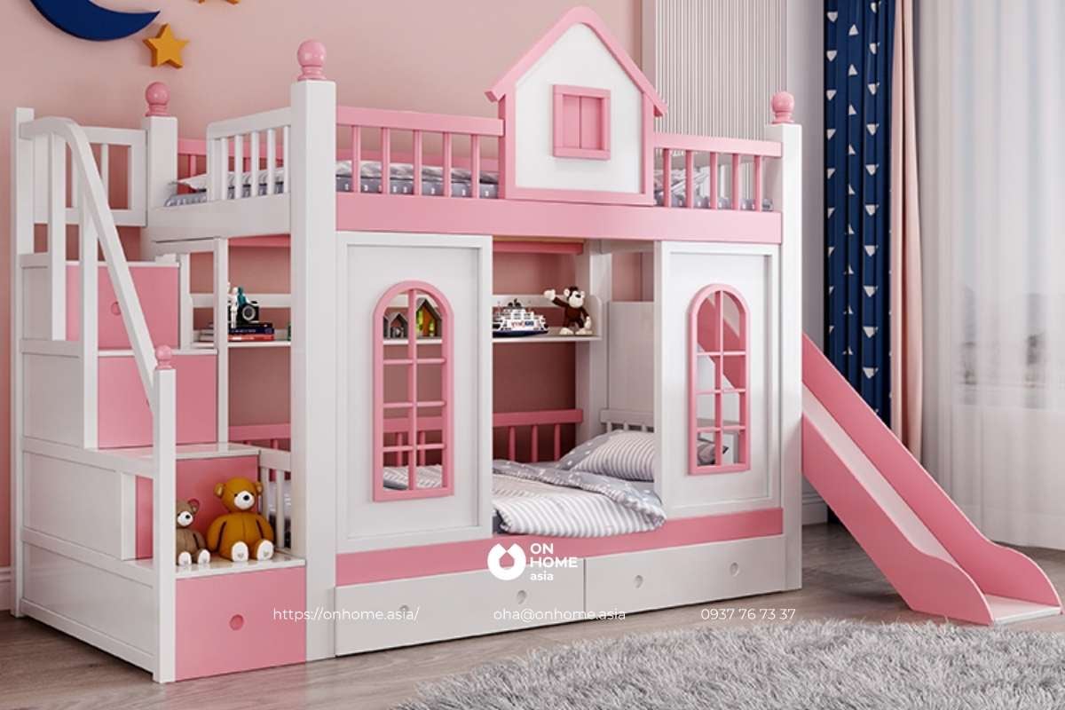 Giường hai tầng màu hồng và trắng cho bé gái đẹp