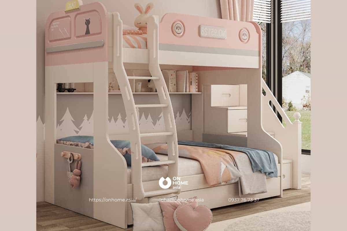 Giường hai tầng màu hồng cho bé gái đẹp