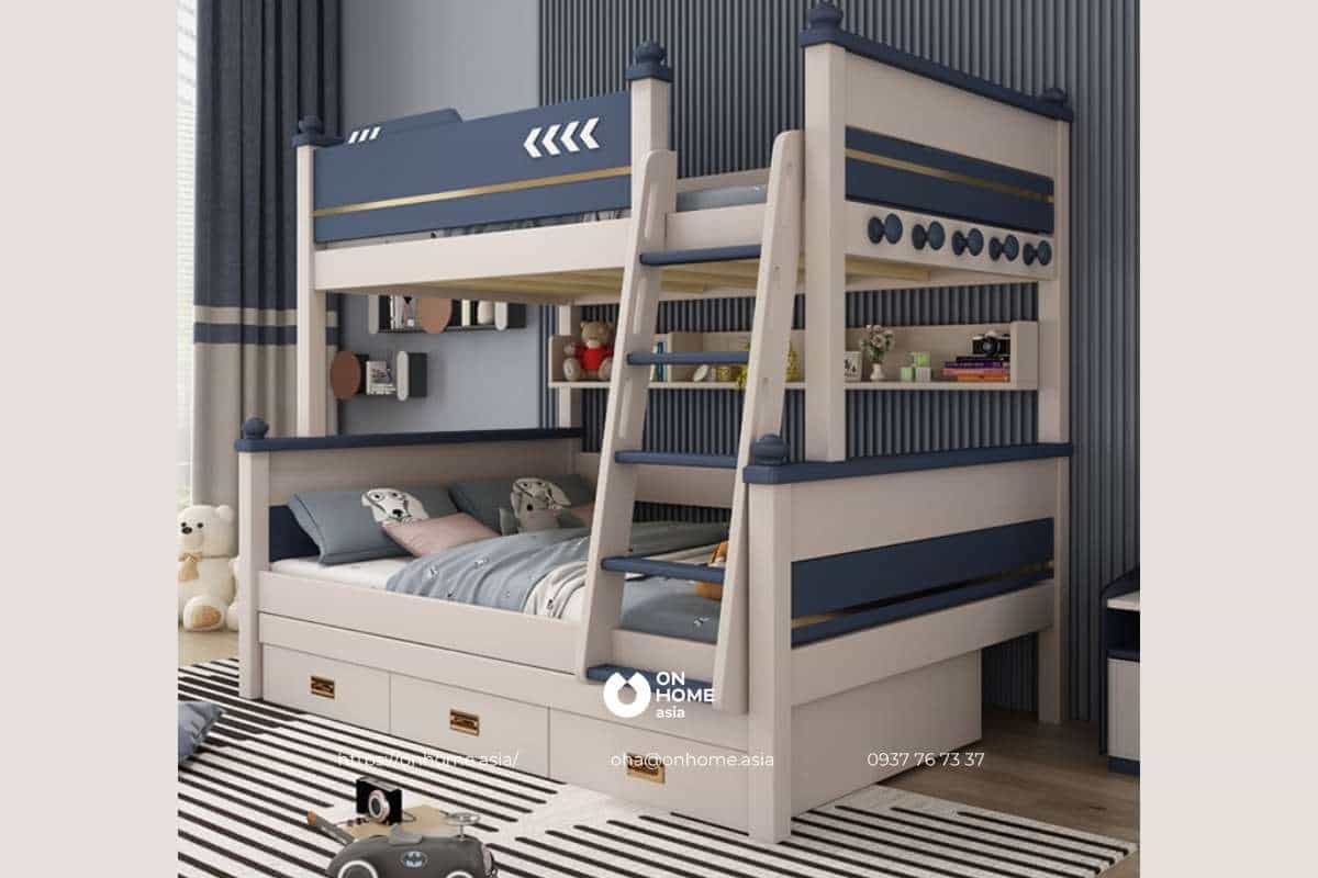 Giường hai tầng đa năng cho bé trai màu trắng và xanh kết hợp