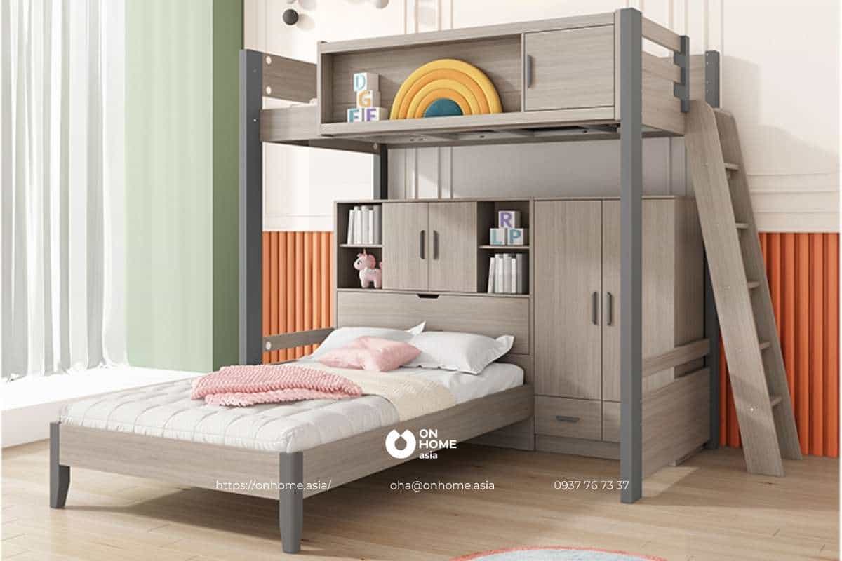 Giường tầng kết hợp tủ sách màu nâu cho bé trai