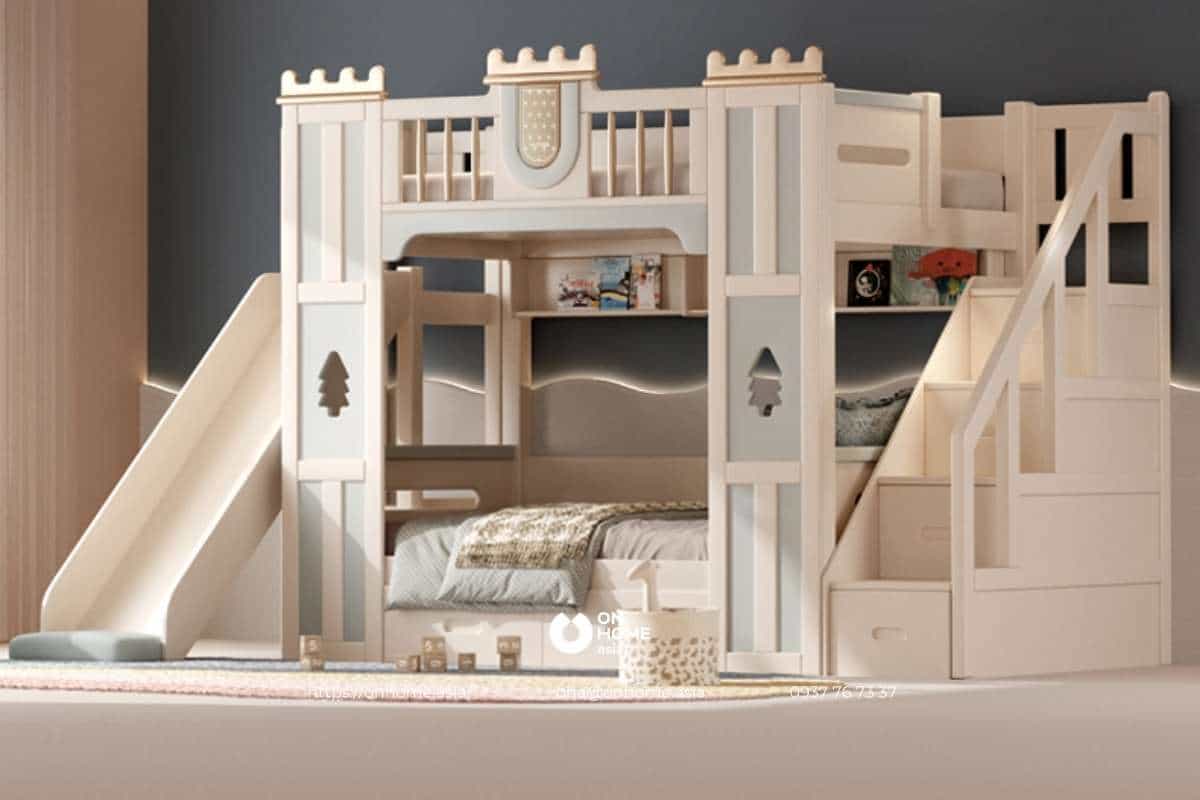 Giường tầng lâu đài tích hợp cầu tuột cho bé trai