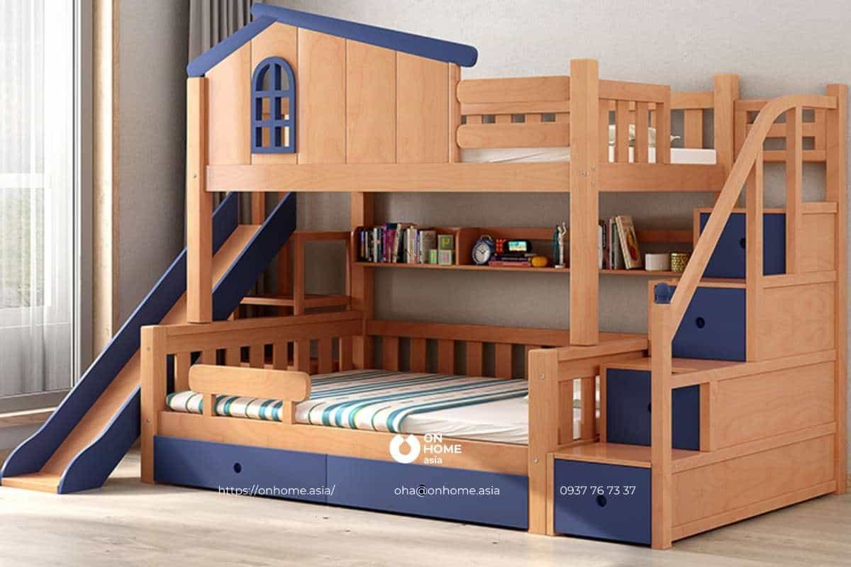 Giường tầng màu nâu kết hợp màu xanh cho bé trai