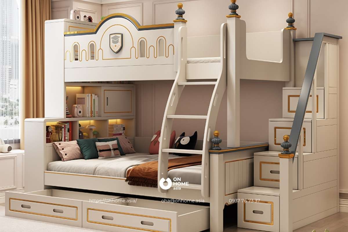 Giường tầng gỗ công nghiệp màu trắng cho bé trai
