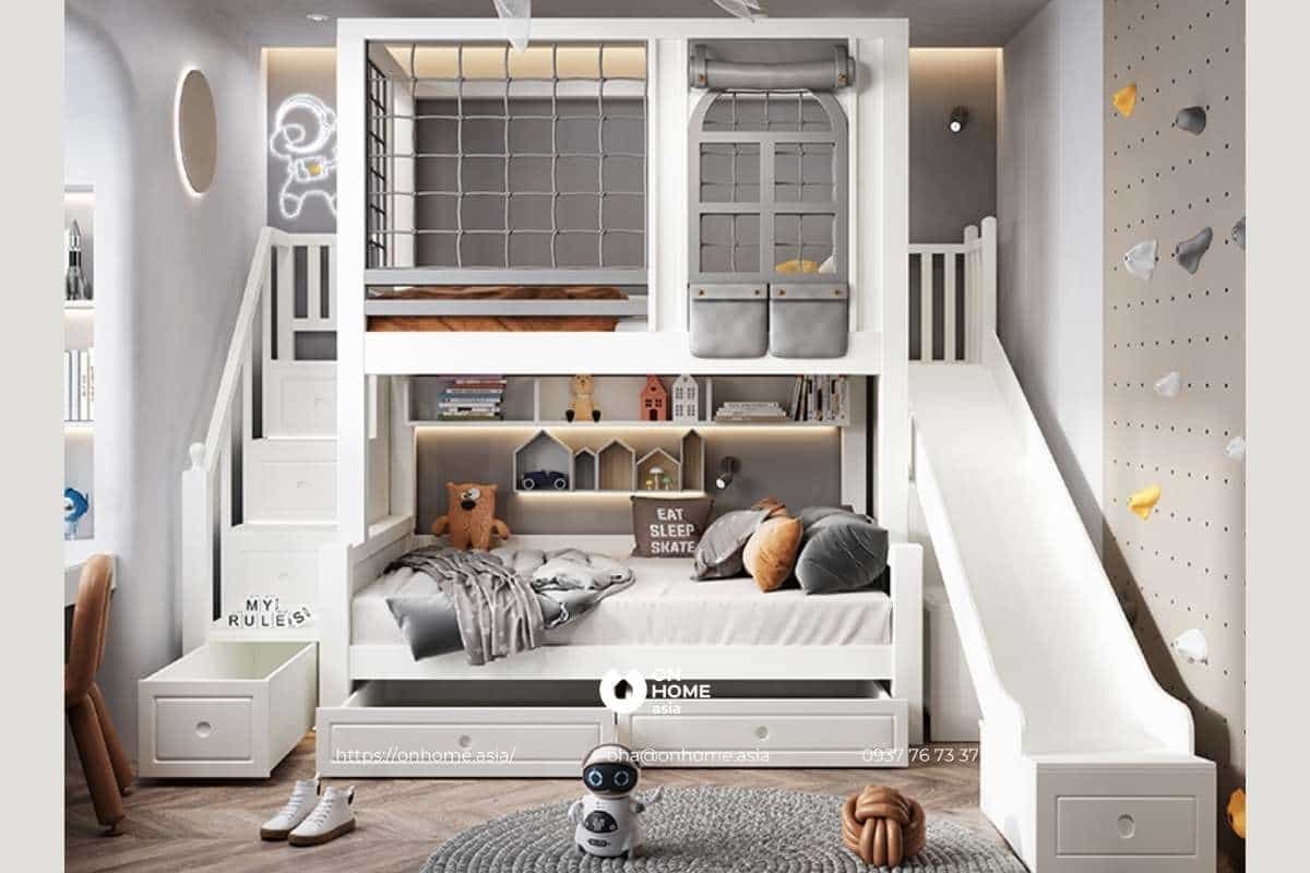 Giường 2 tầng có cầu tuột dành cho bé trai