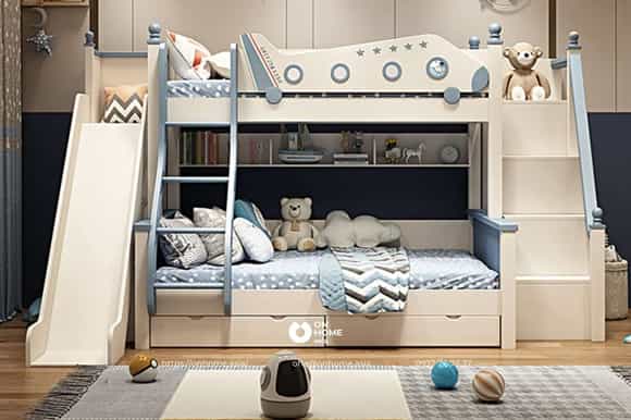 Giường tầng có cầu tuột dành cho bé trai màu xanh