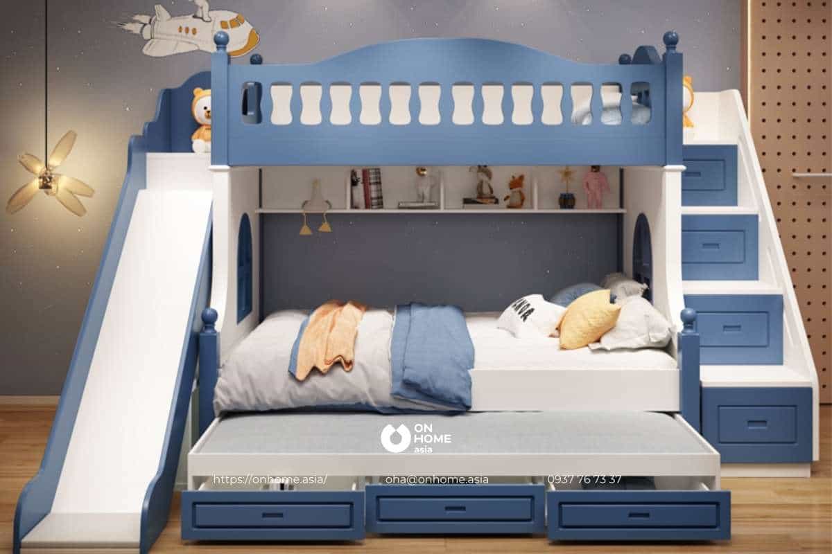 Giường hai tầng dành cho bé trai màu trắng và xanh đẹp