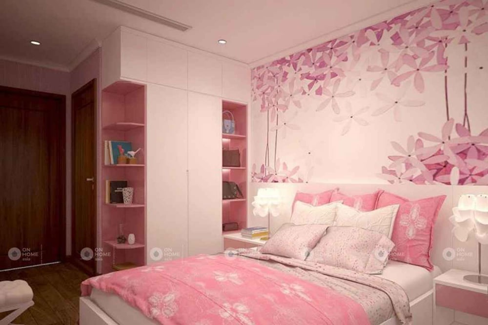 Giấy dán tường màu hồng cho phòng ngủ