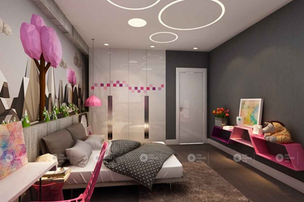 Không gian phòng ngủ màu hồng tím