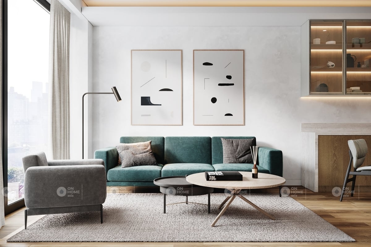 Bộ sofa với màu xanh chủ đạo mang lại một không gian thu hút
