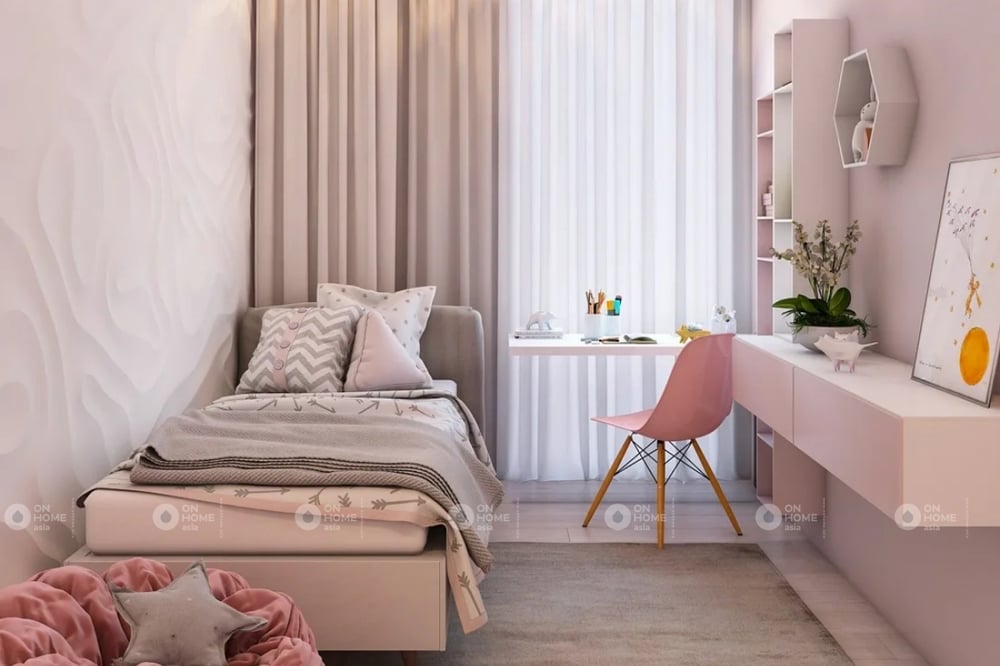 Phòng ngủ màu hồng được thiết kế hiện đại