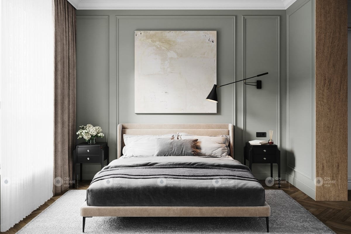 Nội thất phòng ngủ với những chi tiết màu xanh thanh lịch và nhẹ nhàng