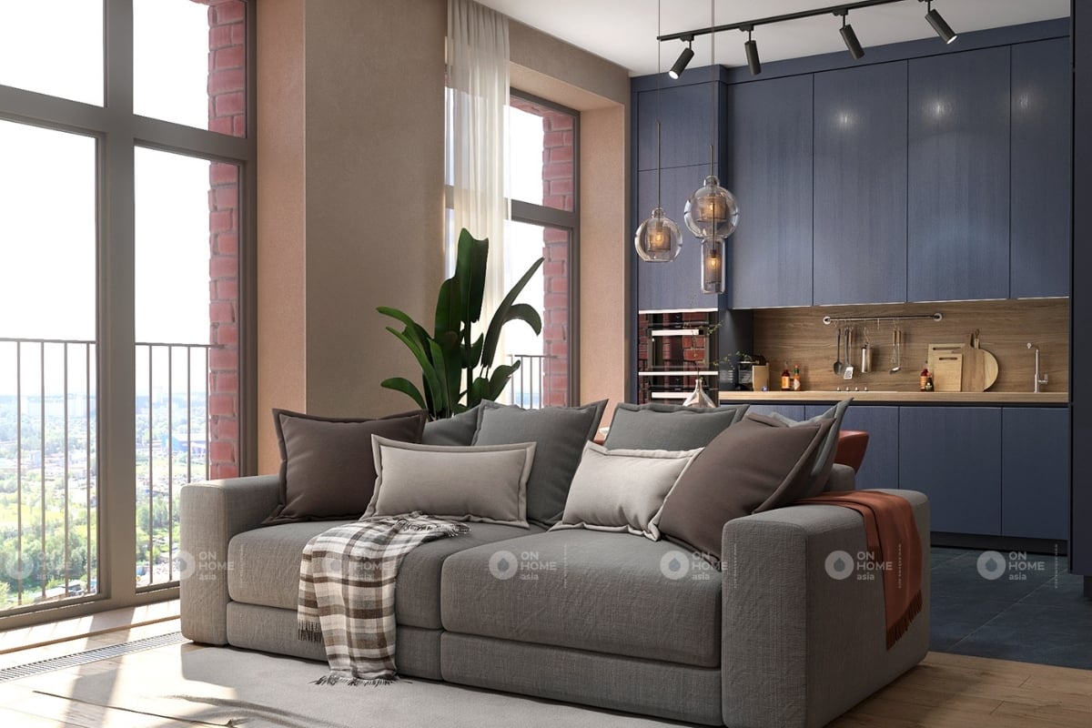Thiết  kế nội thất căn hộ chung cư nhỏ với màu xanh navy và hồng