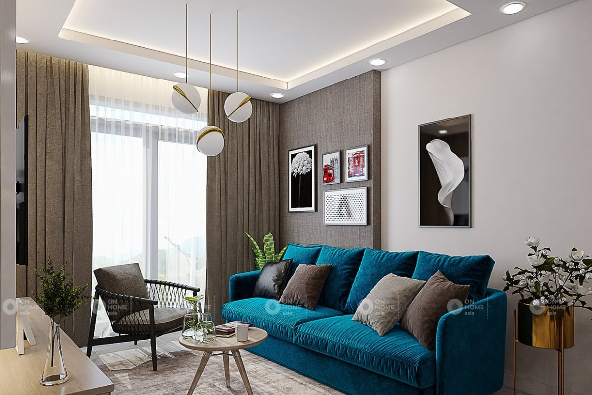 Phòng khách với sofa màu xanh ấn tượng