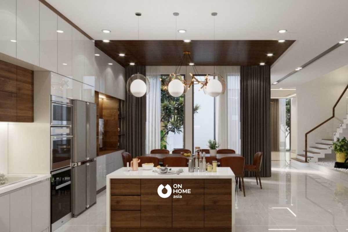 Bàn ăn được thiết kế một cửa kính lớn giúp không gian thoáng hơn