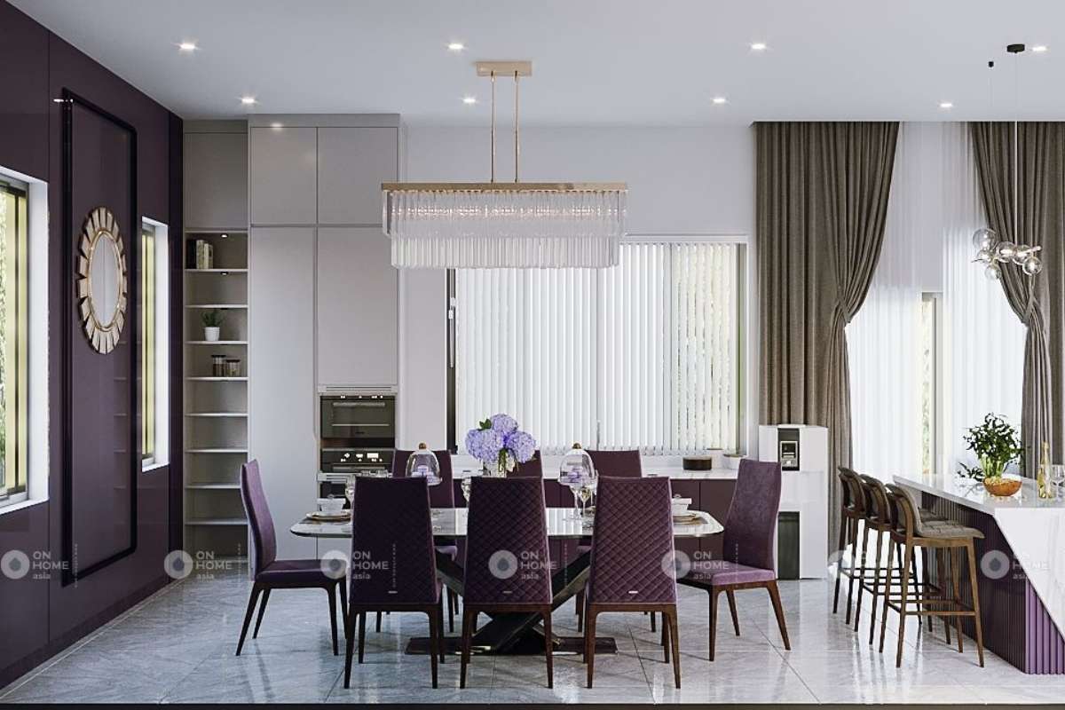 Không gian bếp với màu tím và trắng thời thượng.