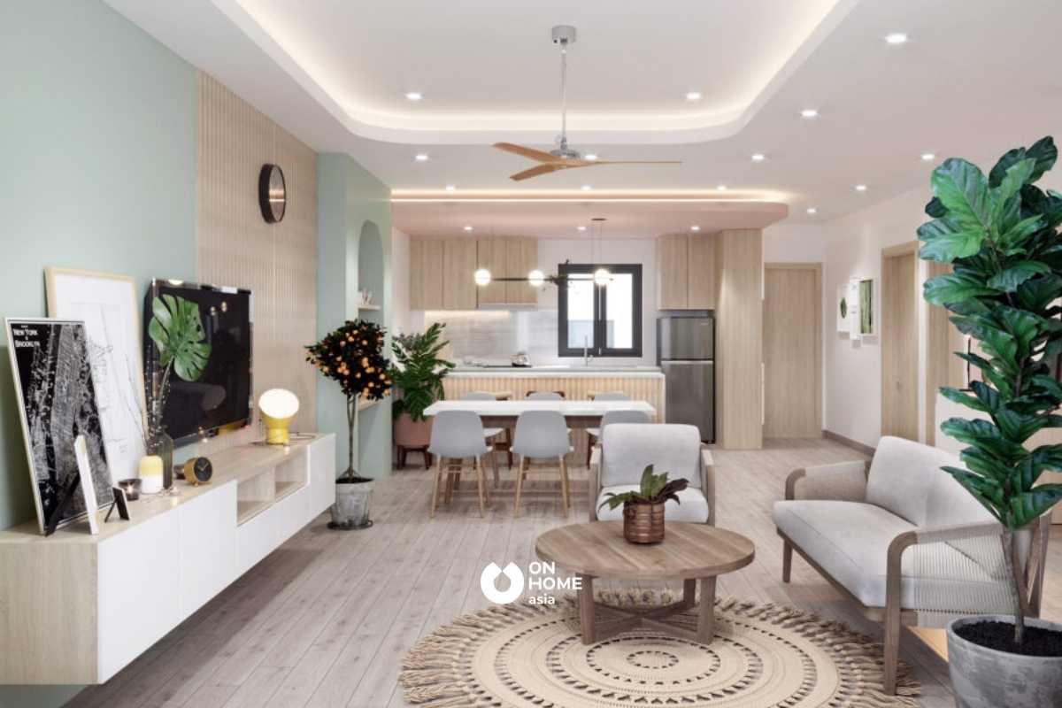 Nội thất với màu xanh pastel nhẹ nhàng