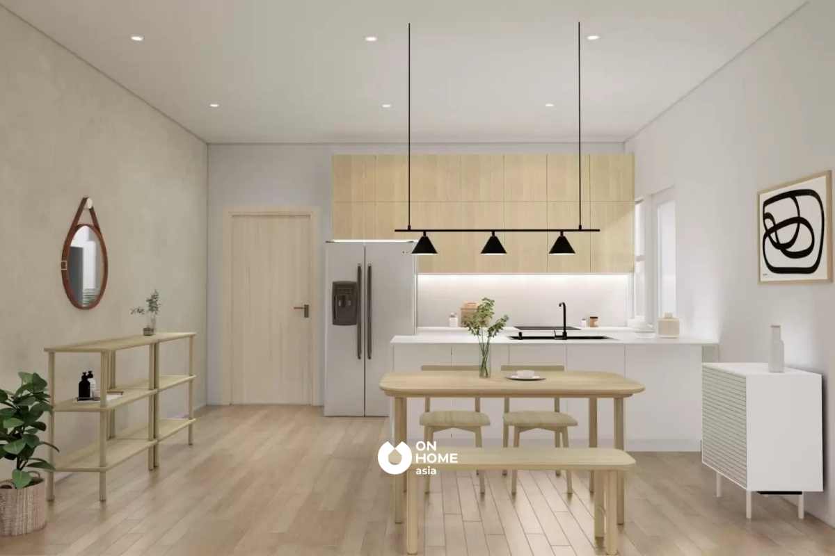 Nội thất bếp nhỏ gọn với màu nâu và trắng