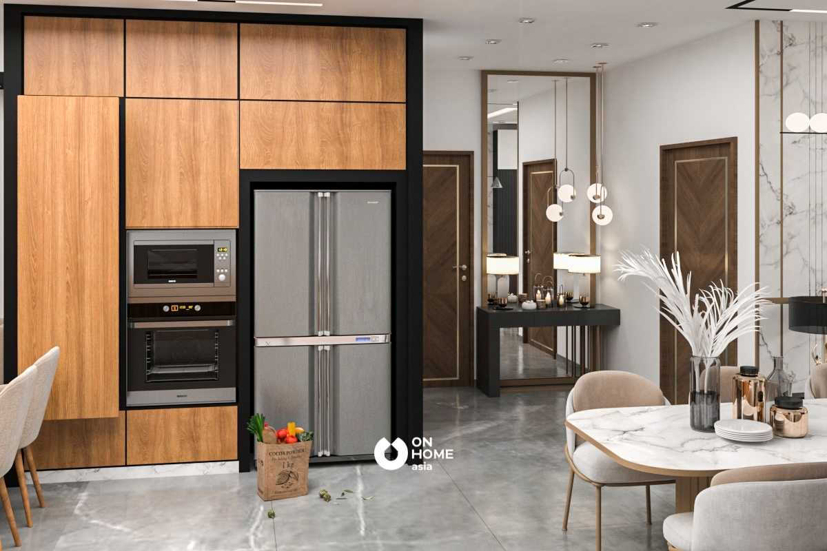 Không gian bếp được bố trí đầy đủ nội thất.