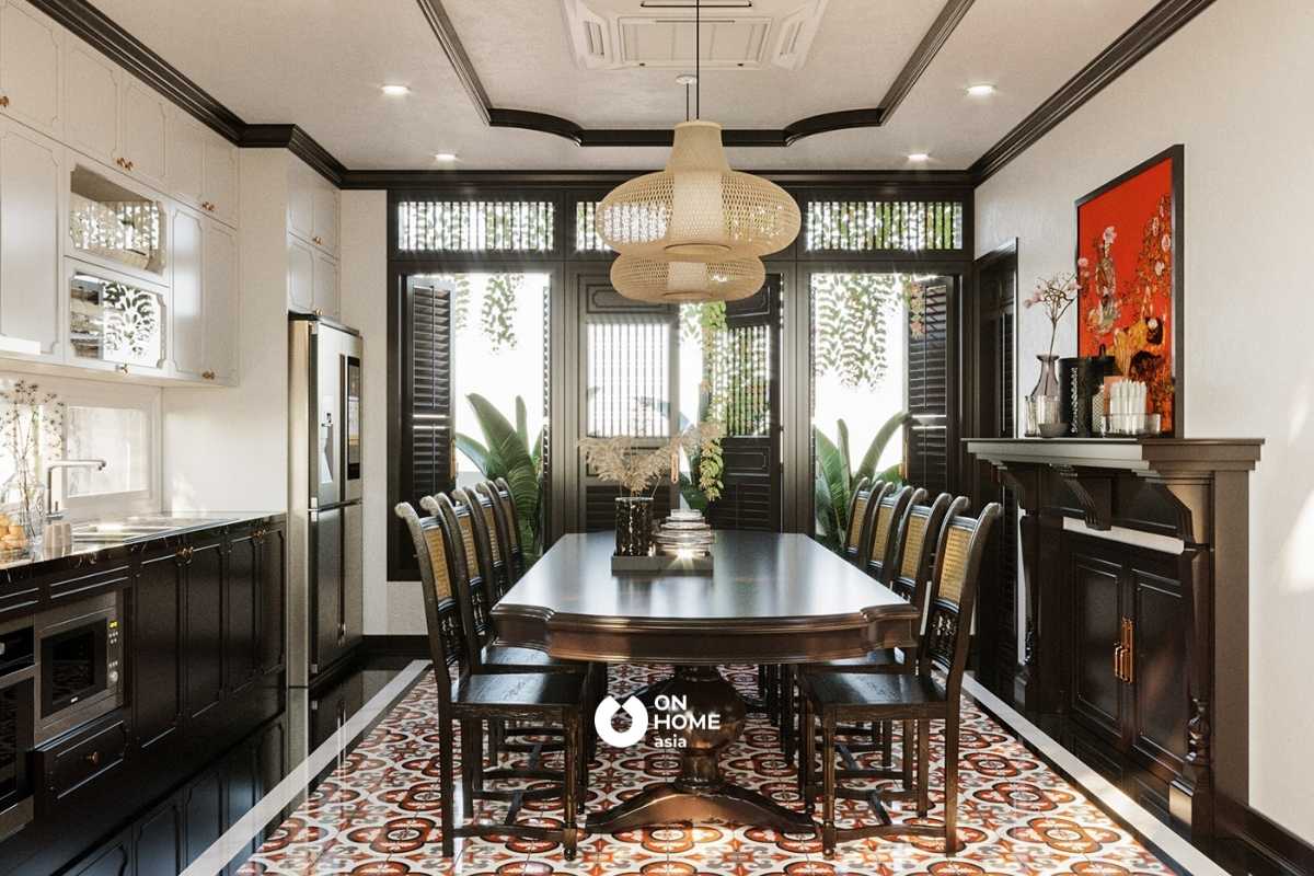 Sàn gạch hoa với họa tiết nổi bật mang nét đặc trưng của phong cách Indochine