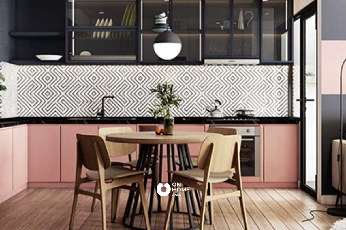 Thiết kế tủ bếp chữ L với sắc hồng nổi bật&nbsp;