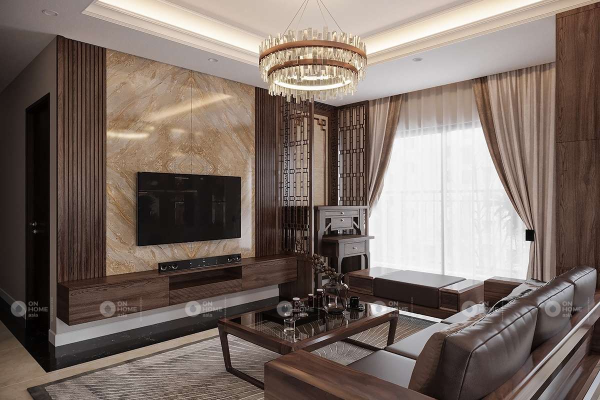 Phòng khách được thiết kế mở tạo hiệu ứng chiều sâu mạnh mẽ