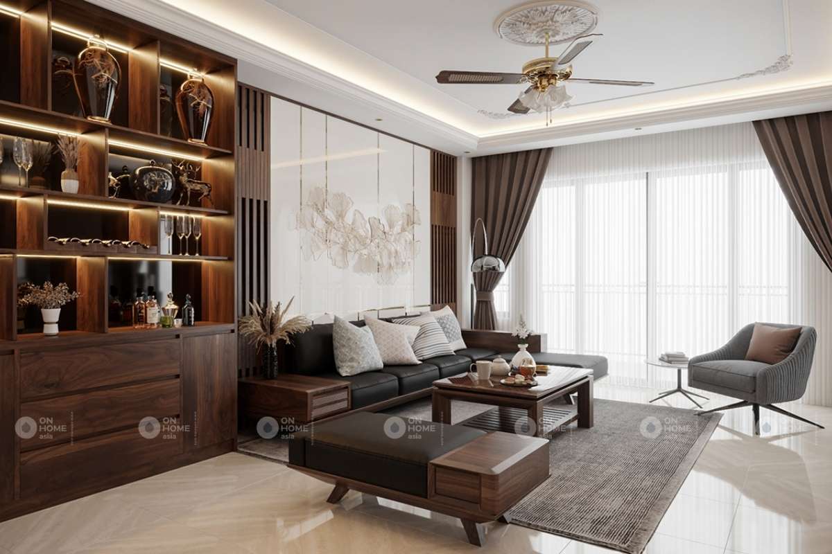 Tủ trang trí phòng khách nối liền vách lam