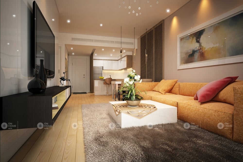 Thiết kế nội thất phòng khách với bộ sofa màu cam 
