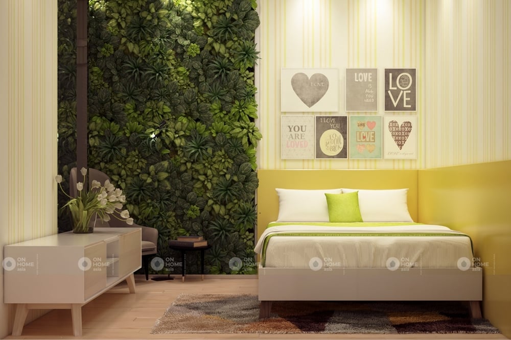 Nội thất phòng ngủ với màu xanh lá cây mát mẻ 