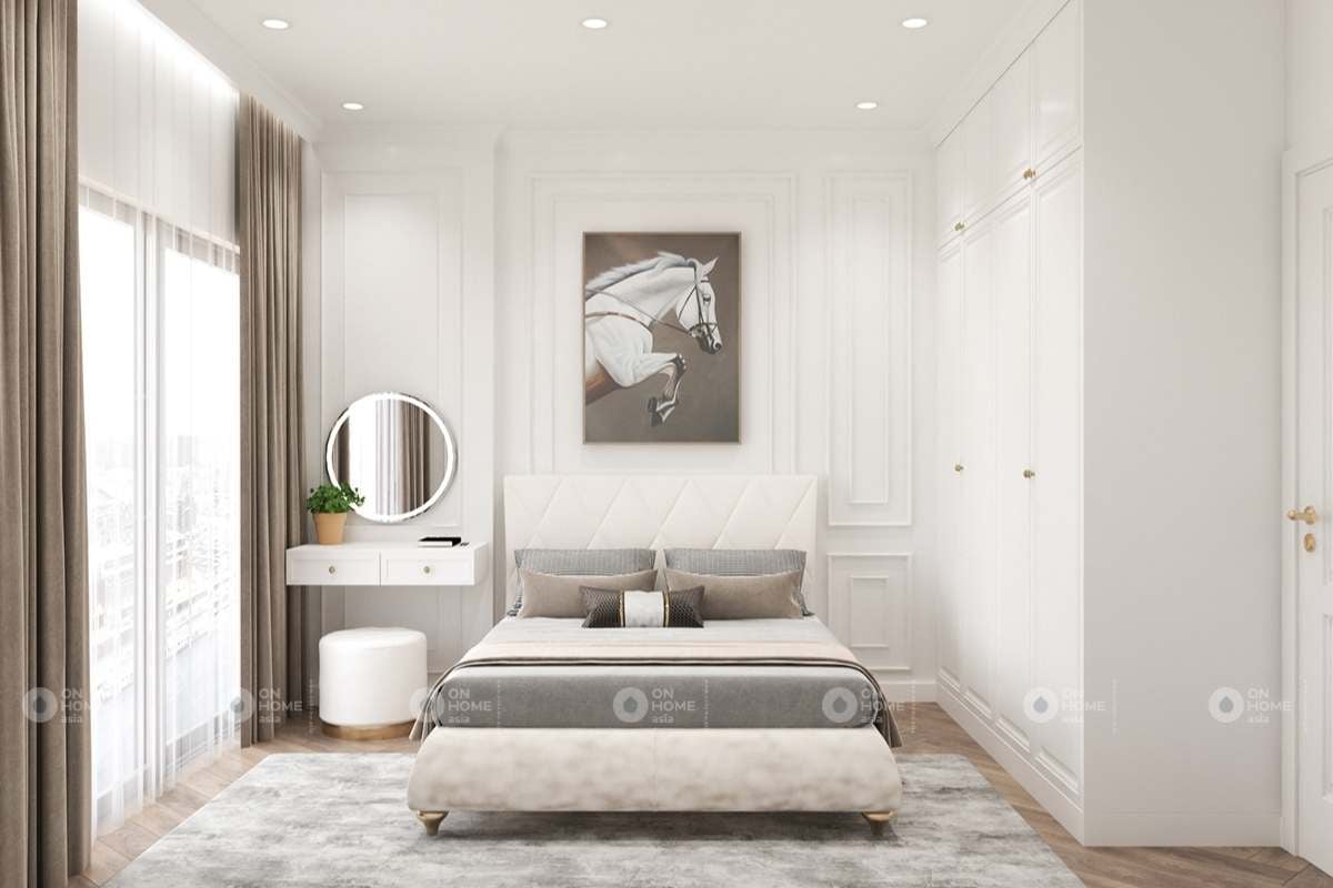 Phòng ngủ với gam màu trắng chủ đạo
