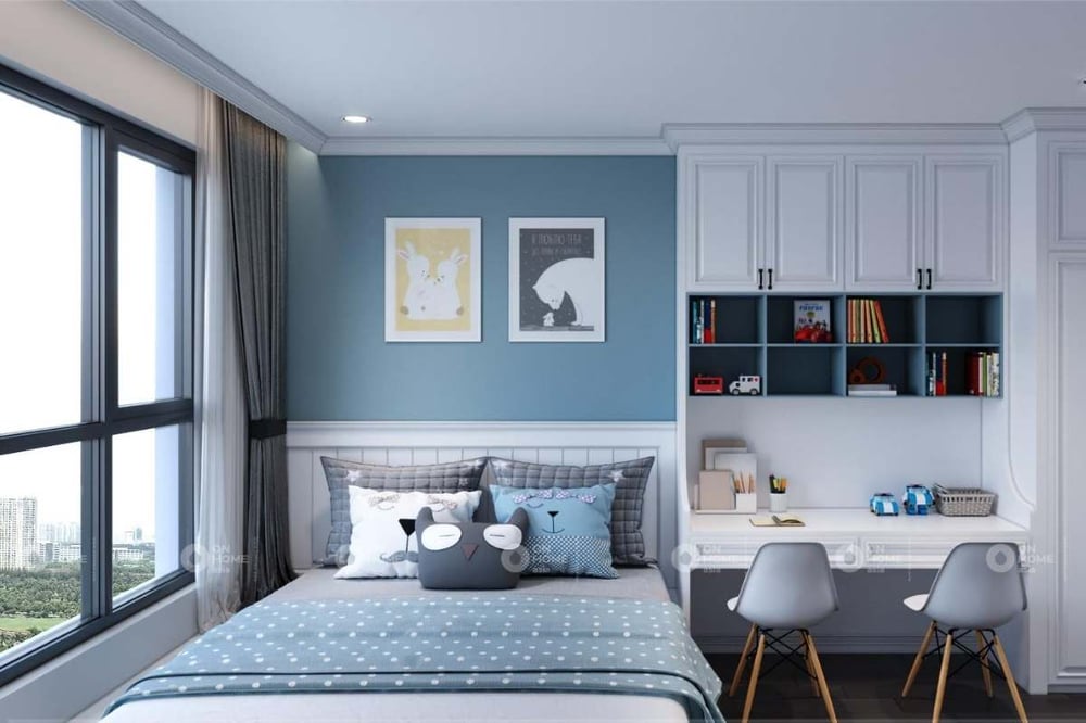 Thiết kế nội thất phòng ngủ trẻ em với màu xanh và xám chủ đạo
