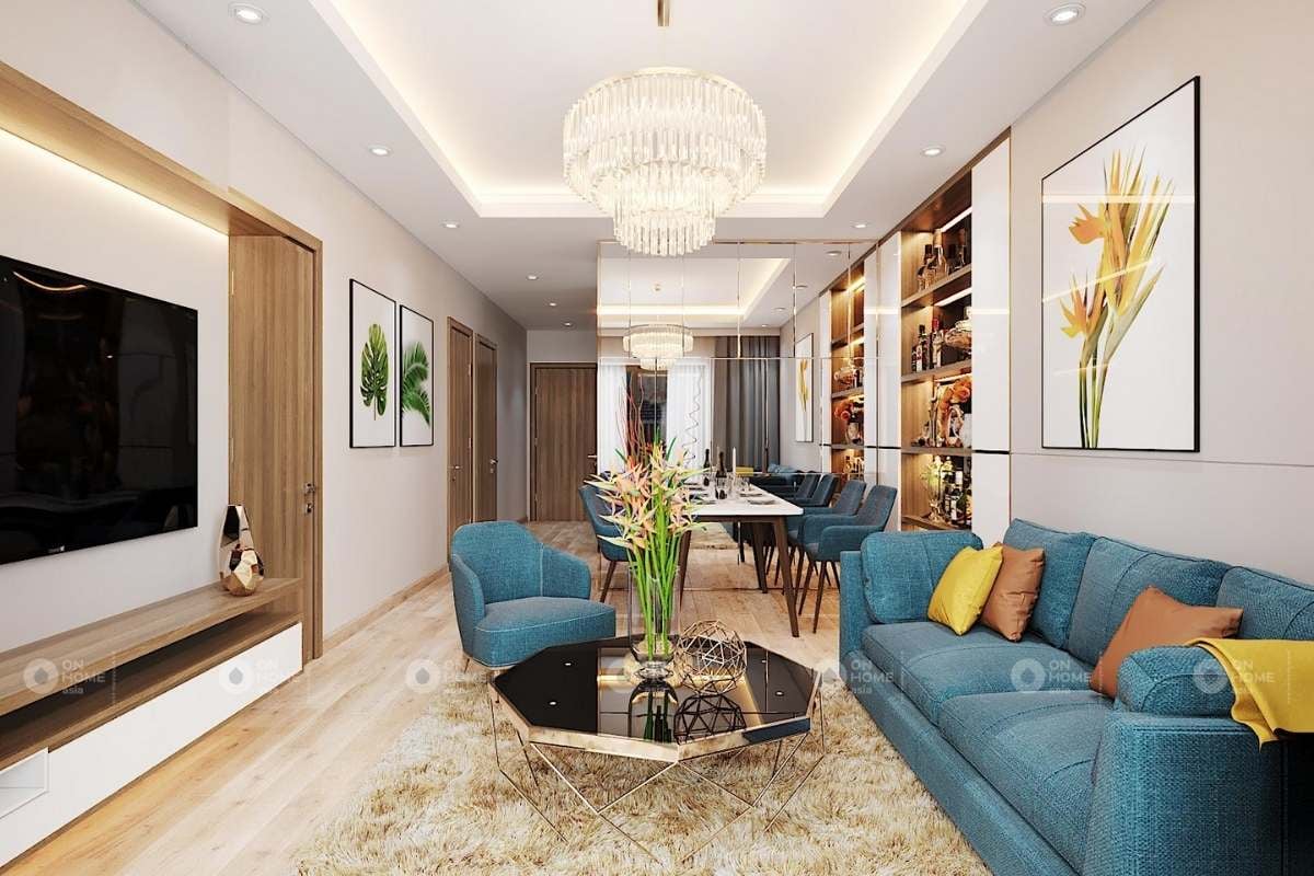 Phòng khách chung cư với màu xanh đẹp mắt