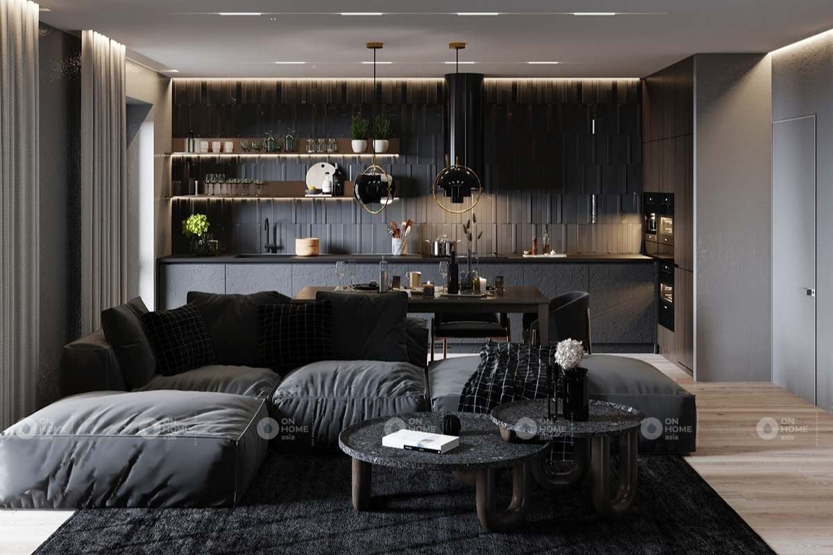 nội thất chung cư 90m2 với màu đen chủ đạo