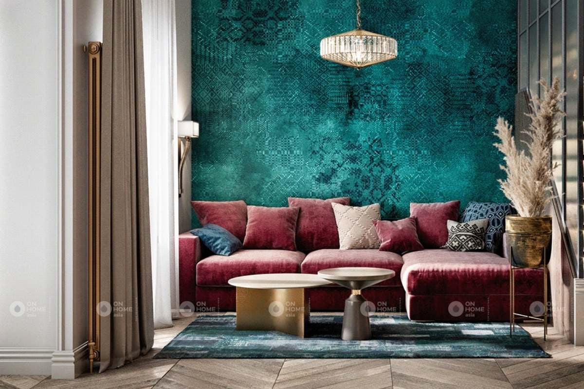 Nội thất phòng khách với màu hồng và xanh đầy quyến rũ