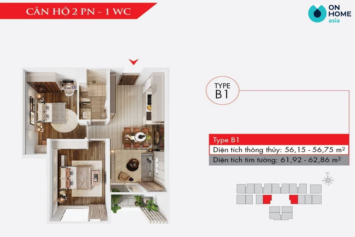 Astral City - Mặt bằng nội thất căn hộ 2 phòng ngủ + 1 WC