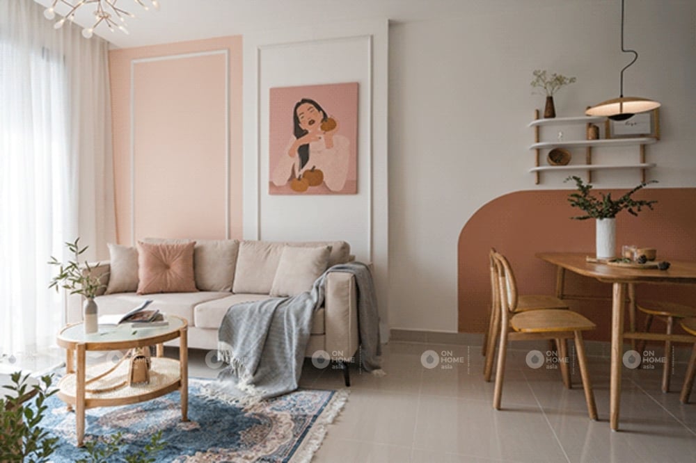 Thiết kế phòng khách chung cư với màu hồng dịu dàng