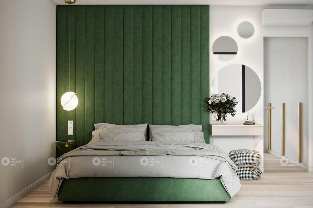 Thiết kế phòng ngủ với hai gam màu xanh và trắng