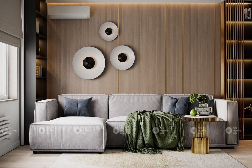 Phòng khách chung cư với sự kết hợp hoàn hảo của kim loại và gỗ
