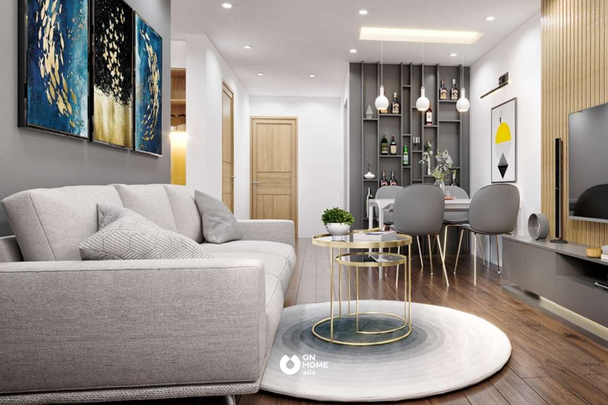 Không gian bếp với phòng khách.