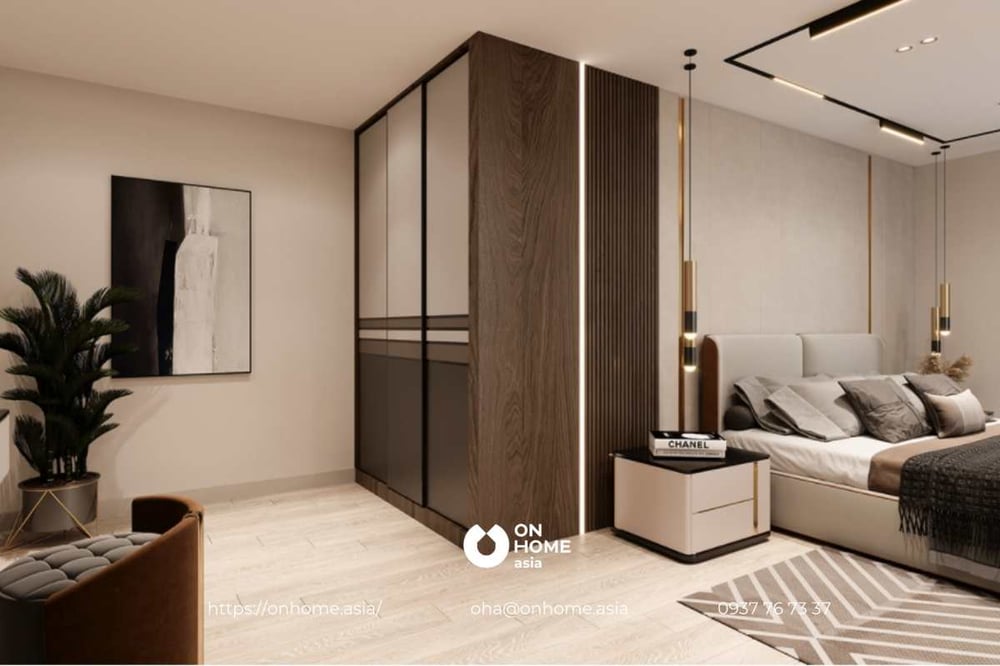Mẫu phòng ngủ biệt thự dành cho vợ chồng trẻ với sàn và tường từ gỗ tự nhiên cao cấp.